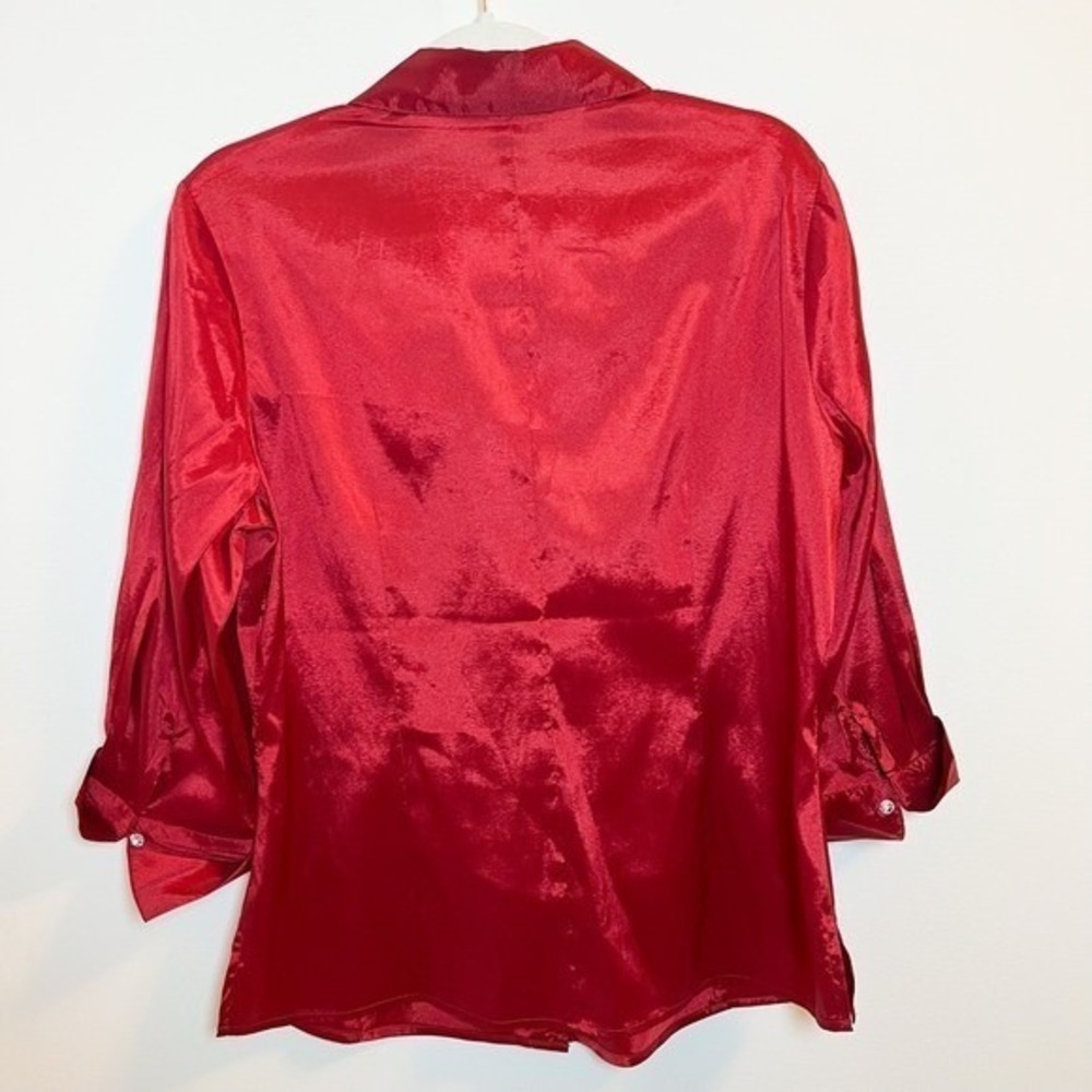 Blue Diamond Stretch Red Shiny‎ V-Neck 3/4 Sleeve Button Down Shirt Blouse Top L - Picture 2 of 7
